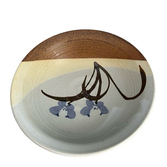 11 1/4” Stoneware Bowl Signed (Gary) Shaffer Blue Flowers Brown Yellow Dish - Picture 5 of 12